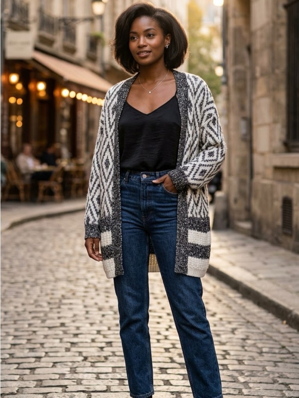Merona Black and Cream Geometric Open-Front Cardigan